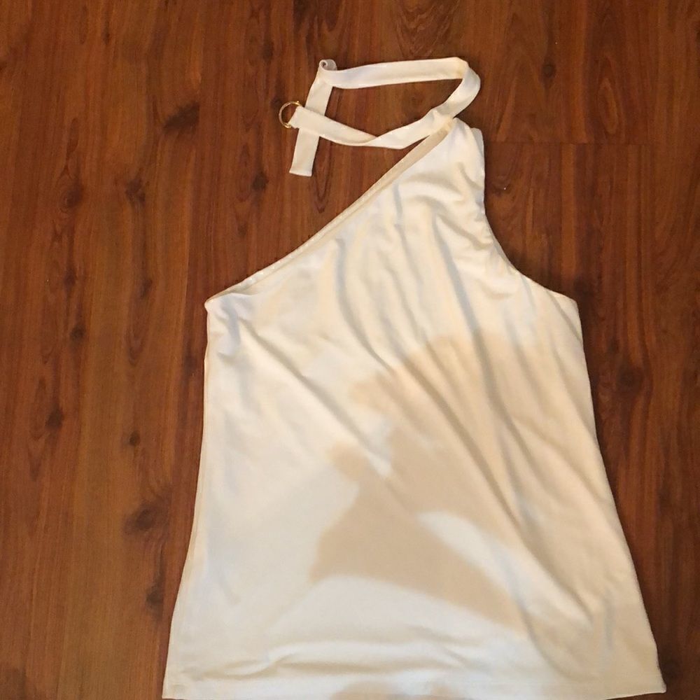 Calvin Klein White double lined asymmetrical sleeveless top wi/neck detail. S